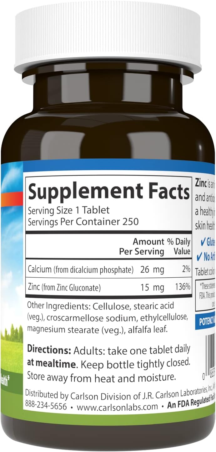 Carlson - Zinc, 15 mg, Zinc Supplement, Zinc Gluconate, Immune Support & Skin Health, Zinc Tablets, Antioxidant, Zinc Capsules, 250 Tablets