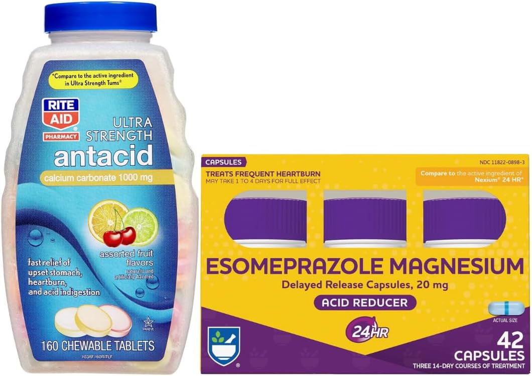 Rite Aid Acid Reducer Esomeprazole Magnesium, 20 mg, 42 Count and Antacid Chewable Tablets Assorted Fruit Flavors, 160 Count - Digestive Health Bundle