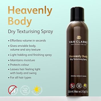 Van Clarke Heavenly Body Dry Texturising Spray – 250ml – Adds Instant Volume– Instantly Boosts Fine, Flat or Thin Hair – Lightweight Spray - Oil Absorbing - Colour Safe : Amazon.co.uk: Beauty