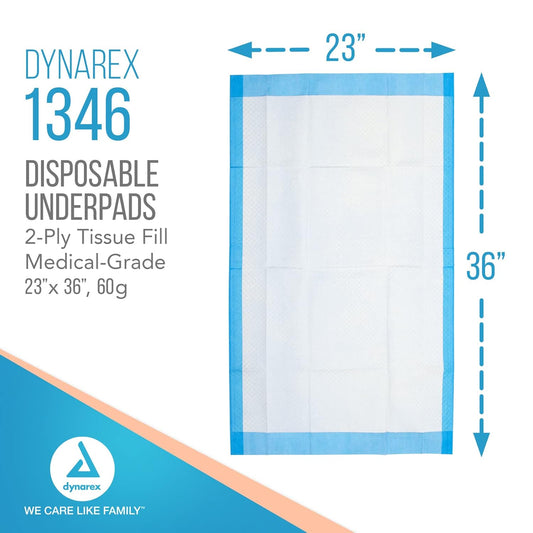 Dynarex 1346 Disposable Underpad, Medical-Grade Incontinence Bed Pad To Protect Sheet, Mattresses, And Furniture, 23" X 36", 60G, Pack Of 150