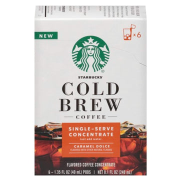 Starbucks Cold Brew Coffee — Caramel Dolce Flavored — Single-Serve Concentrate Pods — 1 Box (6 Capsules)