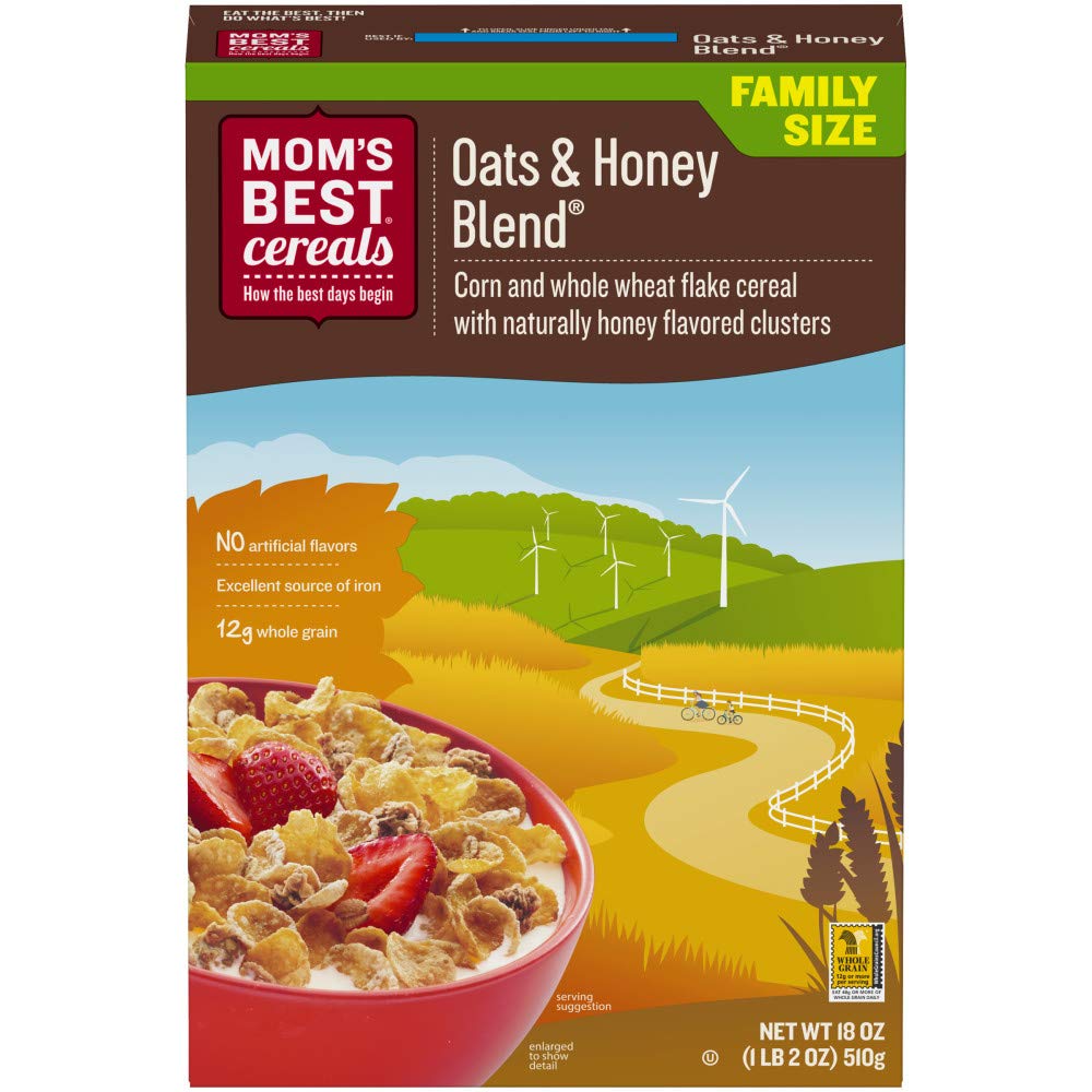 Mom's Best Oats and Honey Blend Cereal, Made with Whole Grain, Heart Healthy, No High Fructose Corn Syrup, Kosher, 18 Oz Box (Pack of 14)