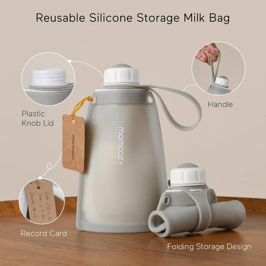 No Leak Momcozy Silicone Breastmilk Storage Bags, Reusable Breastmilk Freezer Storing Bags For Breastfeeding, 8.5Oz/250Ml Breast Milk Saver, Leakproof Baby Food Pouches, Bpa Free (Gray, 5Pcs)