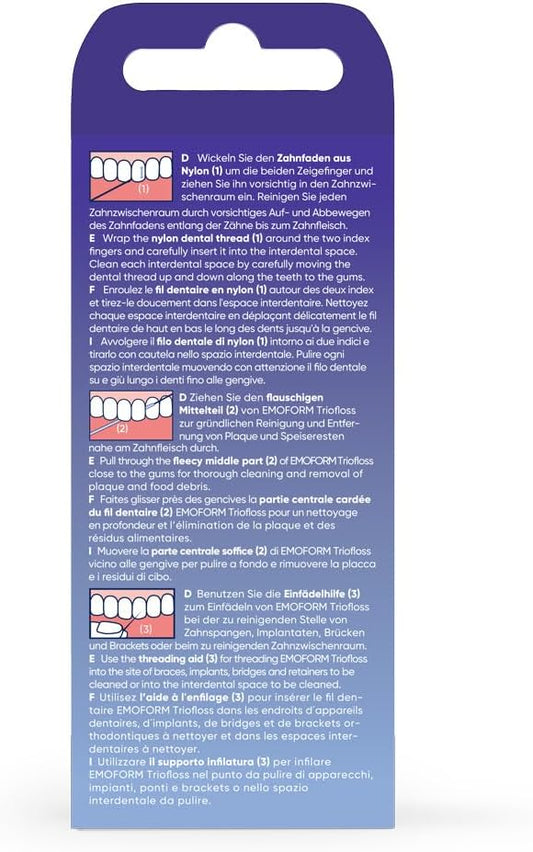 Emoform Triofloss, extra soft, carded nylon threads, for cleaning interdental spaces under bridges, and braces. : Amazon.co.uk: Health & Personal Care