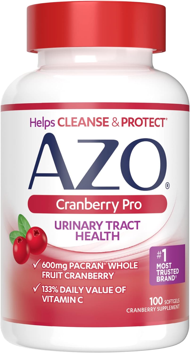 AZO Cranberry Pro Urinary Tract Health Supplement 600mg PACRAN, 1 Serving = 1 Glass of Cranberry Juice, Sugar Free Cranberry Pills, Non-GMO 100 Softgels