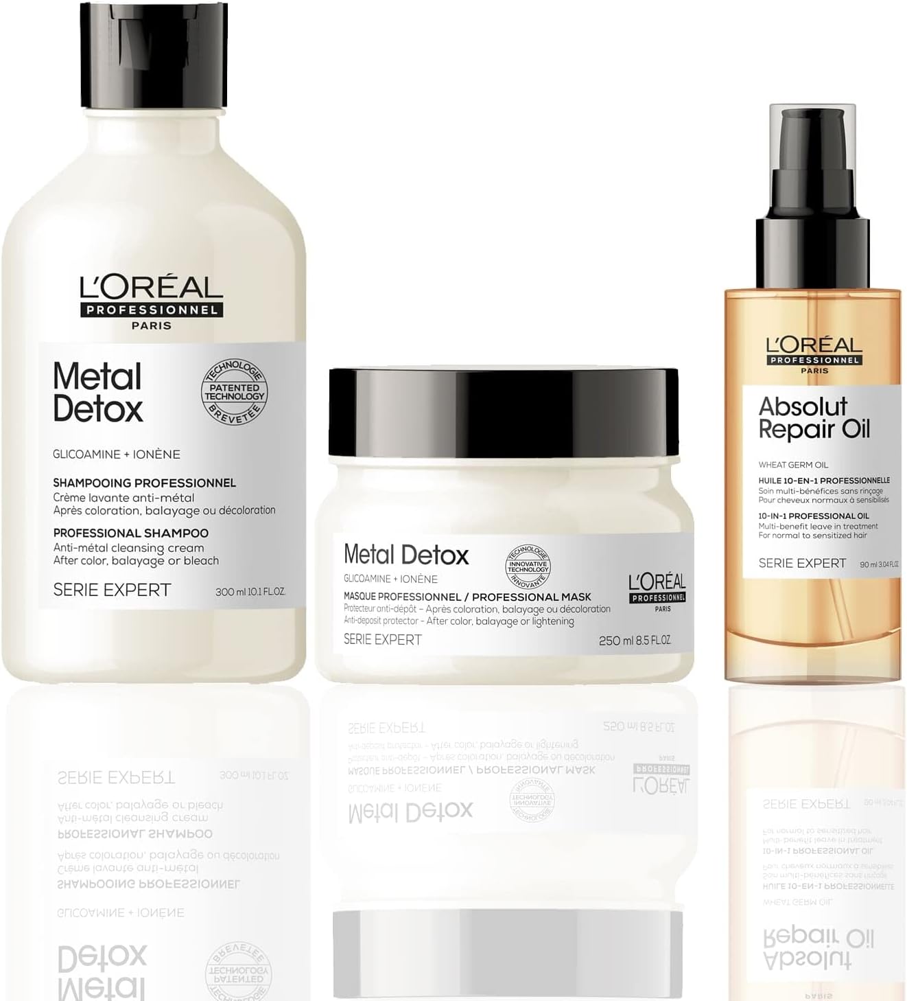 L’Oréal Professionnel Serie Expert Detox And Hydrate Routine For Damaged Hair, Metal Detox Shampoo, Mask With Absolut Repair Leave-In Oil, 300 Ml, 250 Ml And 90 Ml, Bundle Set