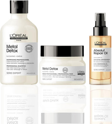 L’Oréal Professionnel Serie Expert Detox And Hydrate Routine For Damaged Hair, Metal Detox Shampoo, Mask With Absolut Repair Leave-In Oil, 300 Ml, 250 Ml And 90 Ml, Bundle Set