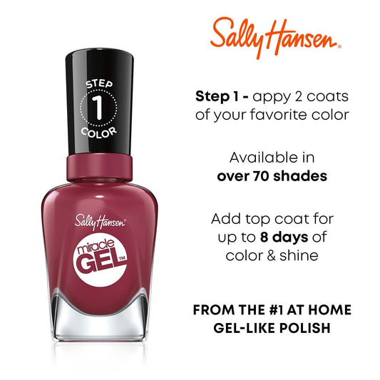 Sally Hansen Miracle Gel™, Bordeaux Glow, Long Lasting, Gel-Like Formula, No Uv Lamp Needed, Red Nail Polish