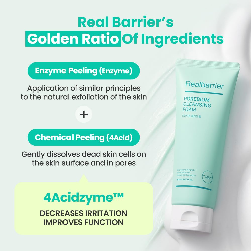 Real Barrier Porebium Cleansing Foam,150Ml,5.07 Fl Oz, Rich Dense Bubble Cleanser & Exfoliator For Sensitive Skin, Sebum Oil Control With Ceramide, Impurities Dead Skin Cells Remover, Korean Skincare