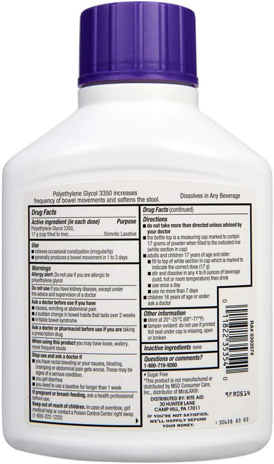 Rite Aid Laxative Powder - Polyethylene Glycol 3350, Stool Softner For Constipation Relief - 30 Doses, 17.9 Oz