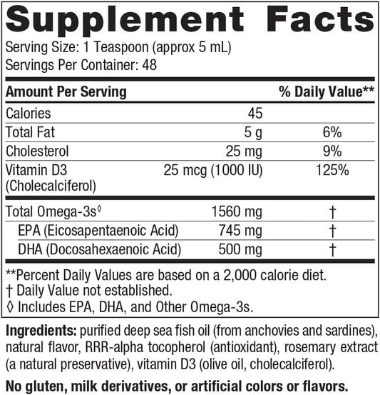 Nordic Naturals Omega-3D, Lemon Flavor - 8 oz - 1560 mg Omega-3 + 1000 IU Vitamin D3 - Fish Oil - EPA & DHA - Immune Support, Brain & Heart Health, Healthy Bones - Non-GMO - 48 Servings