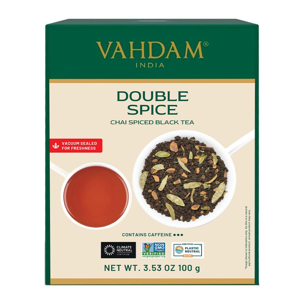 Vahdam, Double Spice Masala Chai Tea (50+ Cups, 3.53Oz) Strong, Robust & Spicy Blend - Black Tea Ctc, Cardamom, Cinnamon, Cloves & Black Pepper | Pure Unblended Loose Leaf Tea | Vacuum Sealed