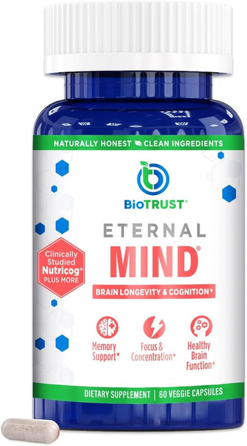 Biotrust Eternal Mind Brain Supplements For Memory & Focus - Sharpen Memory, Cognition & Focus With Age - Clinically Studied Memory Supplement For Brain Longevity & Cognition - 30 Servings