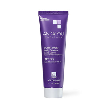 Andalou Naturals Age Defying Face Sunscreen, SPF 30 Zinc Oxide Mineral Sunscreen, Ultra Sheer Daily Defense Face Lotion, Helps Hydrate Skin, Gentle, Lightweight & Reef Safe - 2.7 Fl. Oz