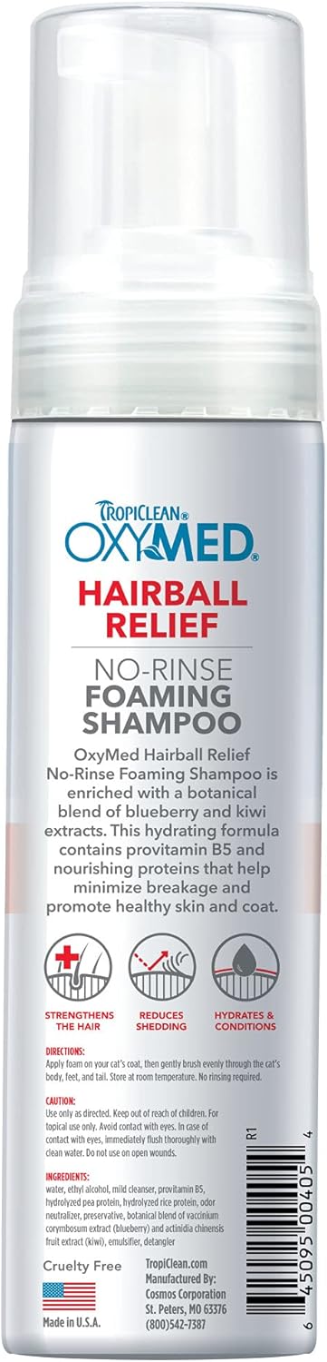 TropiClean OxyMed Medicated Waterless Dry Cat Shampoo - Hairball Relief - No-Rinse - Helps Strengthen & Cleanse Coat - Hydrates & Conditions to Minimise Breakage - Waterless Shampoo, 220ml?OXHBWSSH7.4Z-CT