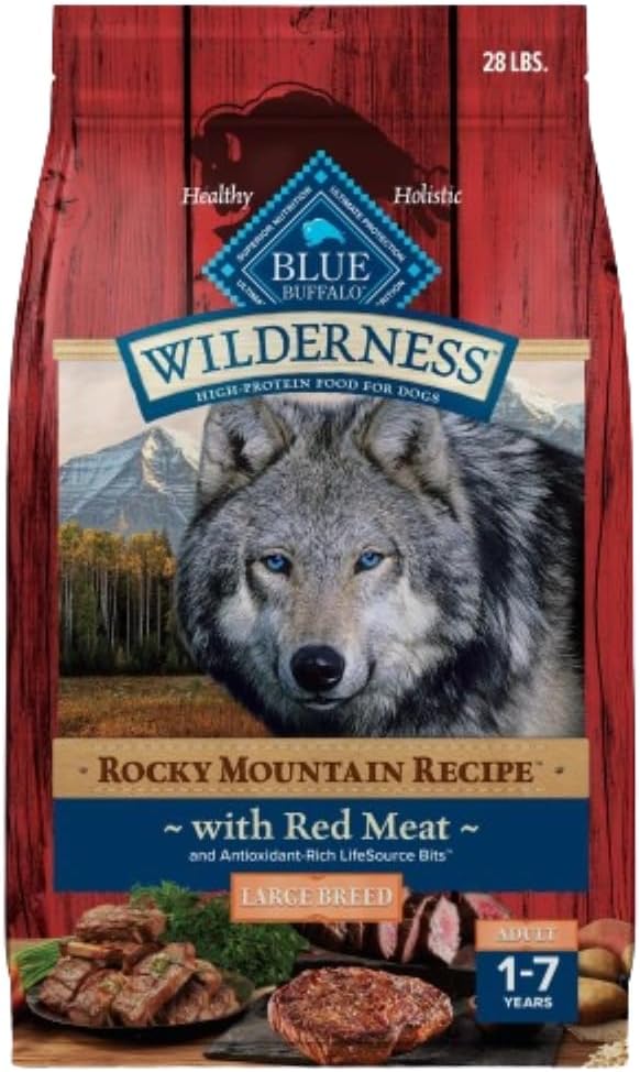 Blue Buffalo Wilderness High-Protein Rocky Mountain Recipe Dry Food For Large Breed Adult Dogs, Red Meat & Grains, 28-Lb. Bag