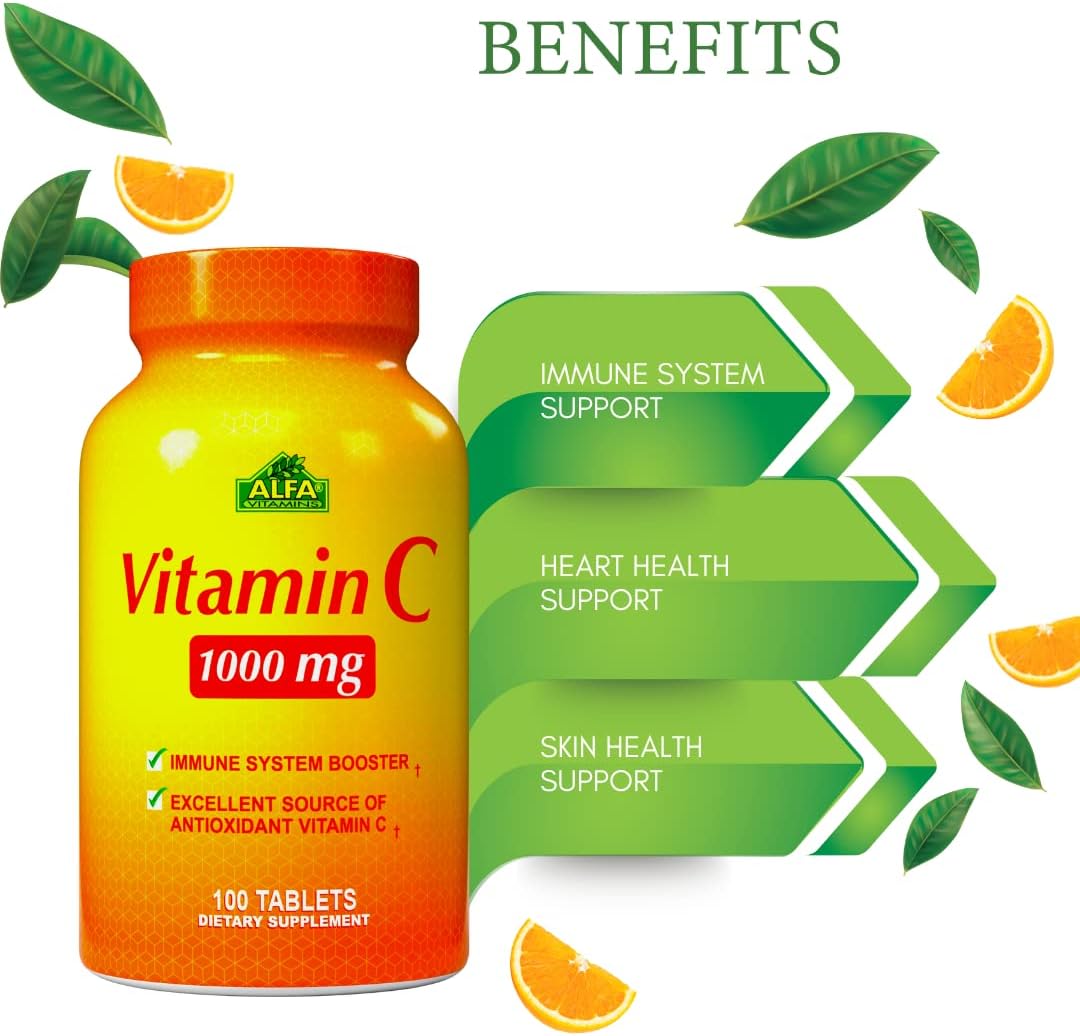 ALFA VITAMINS Vitamin C supplement with 1000mg - Powerful antioxidant - Immune Booster - Protection from common Cold - Promotes Healthy Skin - 100 Tablets : Health & Household