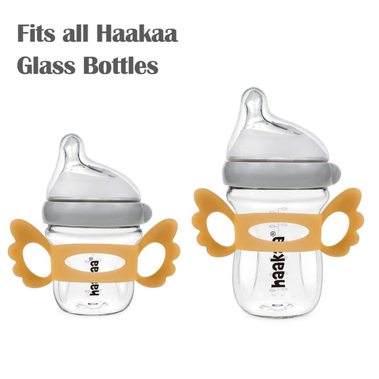 haakaa Gen.3 Glass Baby Bottle Handle - Silicone Baby Bottle Cover | Wide Neck Bottle Grip for 0m+ 6m+Breastfeeding Babies - Amber