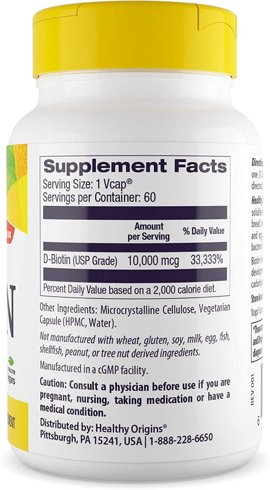 Healthy Origins Ultra-Potency Biotin (B7), 10,000 mcg - Supports Skin, Hair & Nails - High-Grade Vitamin B7 - Non-GMO, Gluten-Free Biotin for Vegans - 60 Veggie Capsules