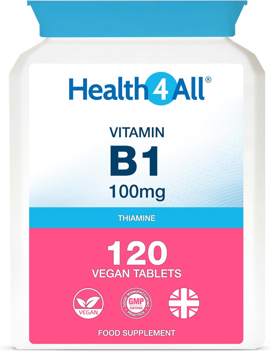 Health4All Vitamin B1 Thiamine 100Mg, 120 Tablets 4 Months Supply, Easy To Swallow Thiamine High Strength Supplement For Heart Health, Nervous System And Metabolism, Vegan | Made In The Uk