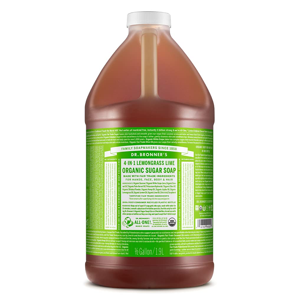Dr. Bronner's Organic Sugar Soap Lemongrass 64 Ounce - 4-in-1 Use: Hands, Body, Face and Hair, Cleanses, Moisturizes and Nourishes, Vegan
