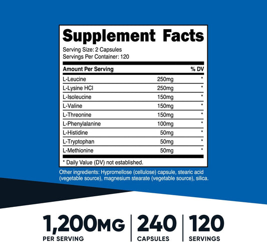 Nutricost EAA Capsules 1200mg, 240 Capsules - Essential Amino Acids, 120 Servings - Non-GMO, Gluten Free & Vegan