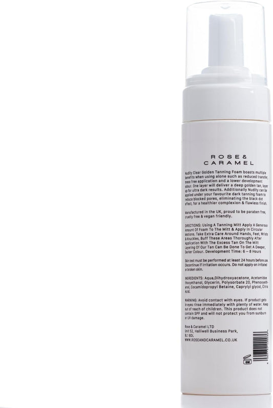 Rose & Caramel Nudity Clear Self Tanning Mousse 200Ml. Clear Self Tanner, Skinkissed Golden Tan
