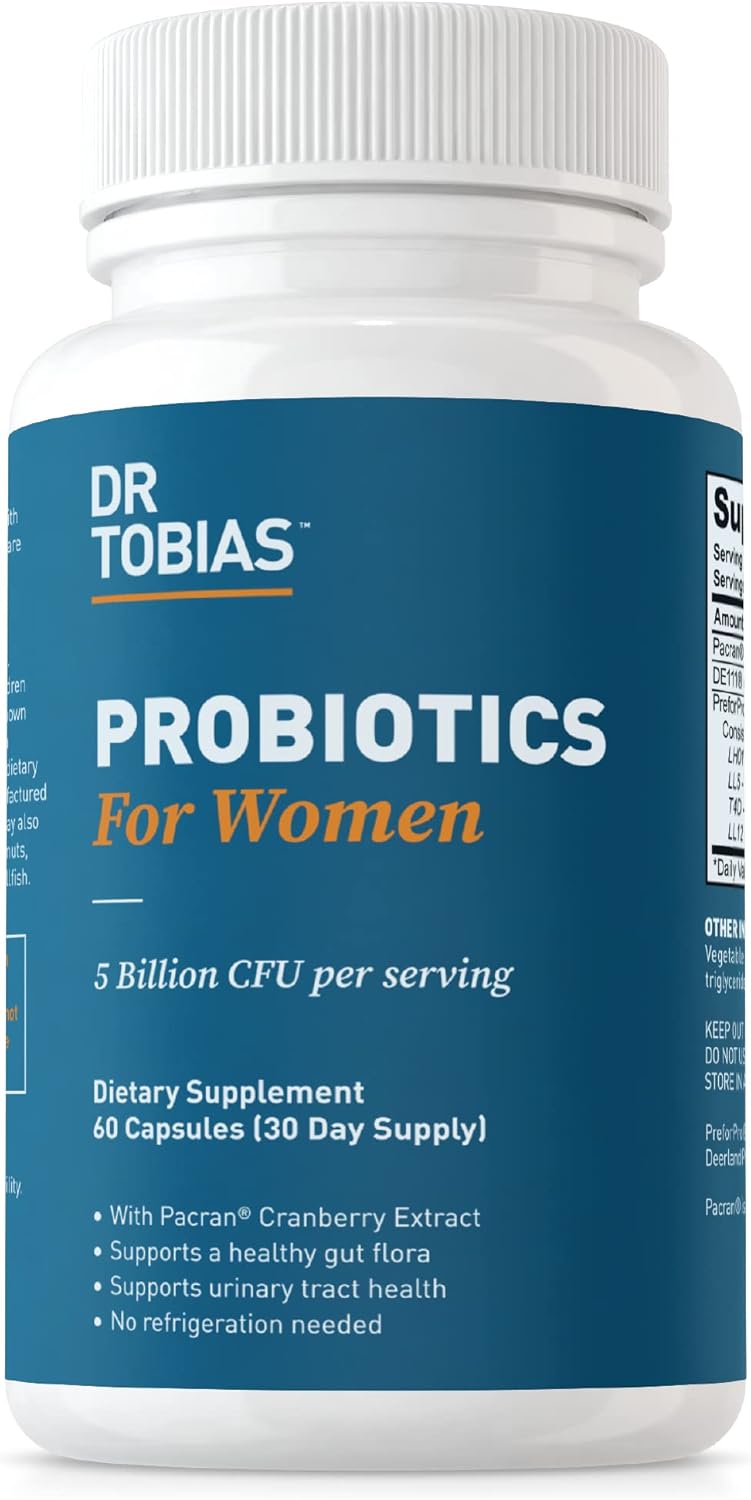 Dr. Tobias Probiotics For Women, 5 Billion Cfus With Cranberry Extract For Feminine Support, Gut Health & Urinary Tract Health For Women, Prebiotics And Probiotics For Women, 60 Capsules, 30 Servings