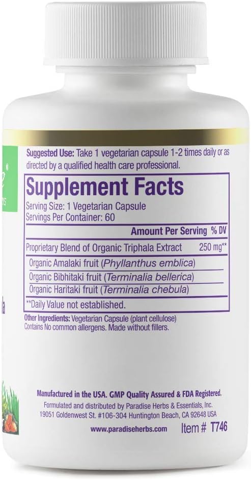 Paradise Herbs Triphala Extract, Super Potent, Ultra Pure, Vegan, Non GMO, Gluten Free, 60 Vegetarian Capsules : Health & Household