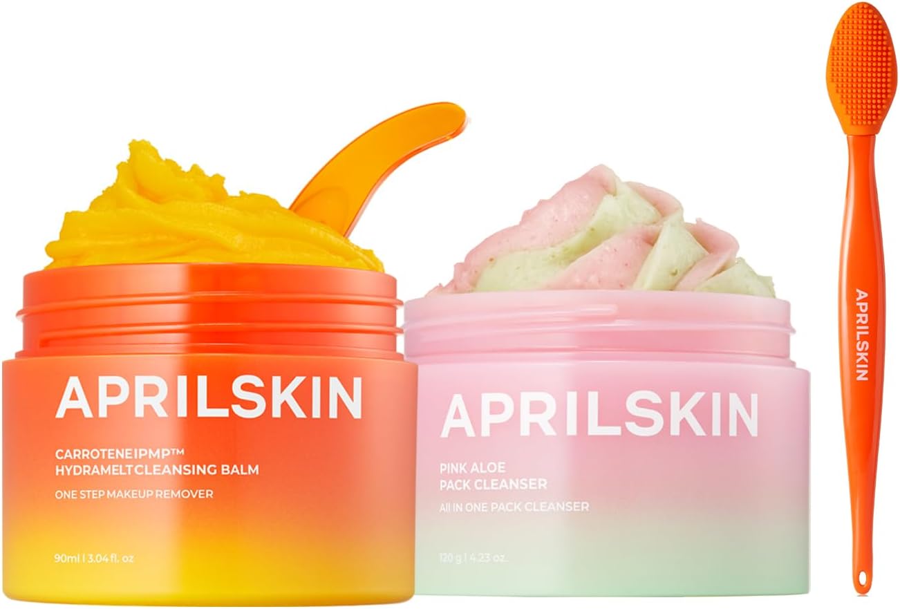 Aprilskin Double Cleansing Duo With Pore Brush: Aprilskin Carrotene Ipmp Hydromelt Cleansing Balm, Pink Aloe Facial Polish Cleanser And Pore Caring Facial Silicone Brush