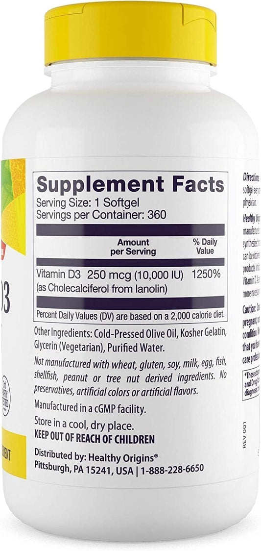Healthy Origins Vitamin D3 10,000 Iu (Non-Gmo, High Potency, Bone Support, Immune Support, Gluten Free), 360 Softgels