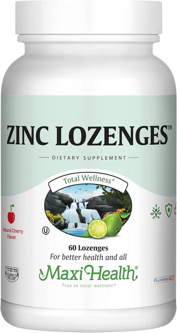 Maxi-Health Zinc Lozenges - Zinc Citrate 10Mg - With Vitamin C - Cherry Flavor - 60 Chewables - Kosher