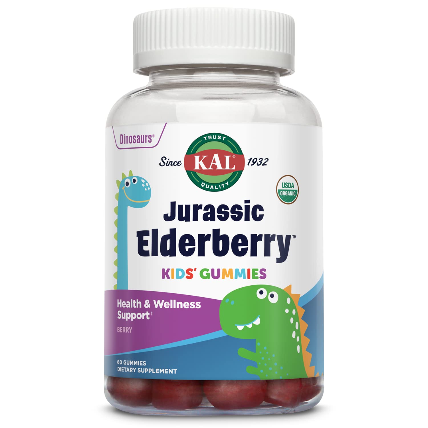 Kal Jurassic Elderberry Kids Gummies | Healthy Immune Support | Usda Organic, Vegan, Gluten Free | 30 Serv, 60 Ct