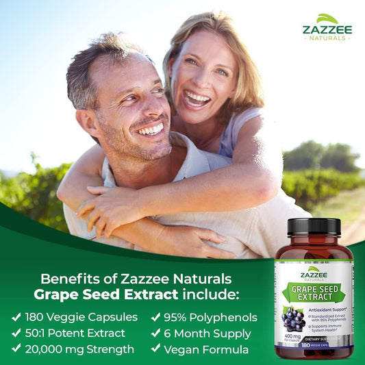 Zazzee High Strength Grape Seed 50:1 Extract, 20,000 Mg Strength, 180 Vegan Capsules, 95% Polyphenols, 6 Month Supply, Concentrated, Standardized 50X Extract, 400 Mg Per Capsule, All-Natural, Non-Gmo