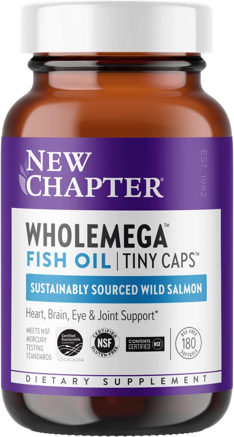 New Chapter Wholemega Fish Oil Supplement - Wild Alaskan Salmon Oil with Omega-3 + Vitamin D3 + Astaxanthin + Sustainably Caught - 180 ct Tiny Caps, 500mg Softgels