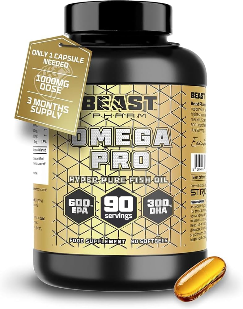Beast Pharm | Omega 3 Capsules Triple Strength Single Capsule Serving 1000 Mg (3 Months Supply) Omega 3 Fish Oil Capsules 600 Mg Epa, 300 Mg Dha Per Softgel