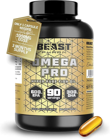 Beast Pharm | Omega 3 Capsules Triple Strength Single Capsule Serving 1000 Mg (3 Months Supply) Omega 3 Fish Oil Capsules 600 Mg Epa, 300 Mg Dha Per Softgel