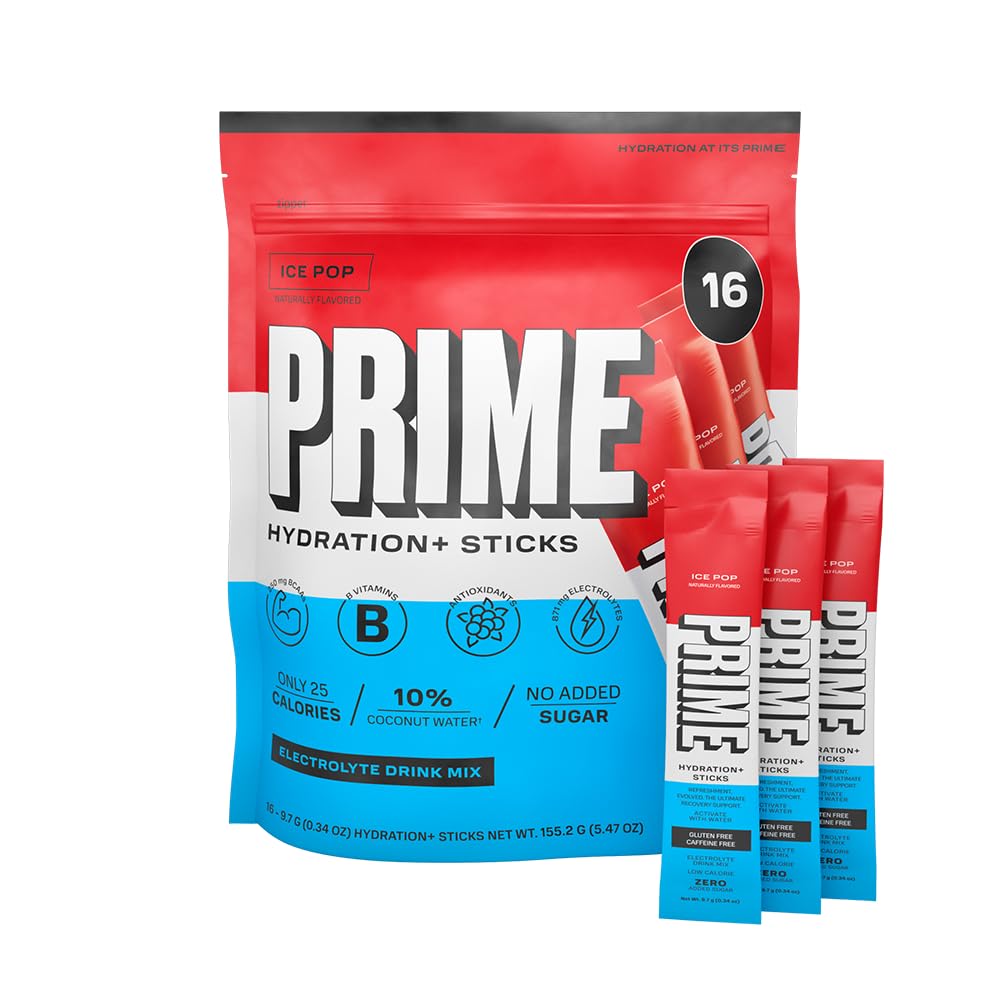 Prime Hydration+ Sticks Ice Pop | Hydration Powder Single Serve Sticks | Electrolyte Powder On The Go | Low Sugar | Caffeine-Free | Vegan | 16 Sticks