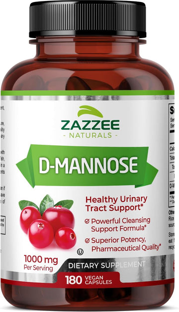 Zazzee D-Mannose, 1000 Mg Per Serving, 180 Vegan Capsules, 3 Month Supply, Potent & Fast-Acting, Certified Kosher, 100% Pure, All-Natural Urinary Tract Health Uti Support, 100% Vegetarian, Non-Gmo