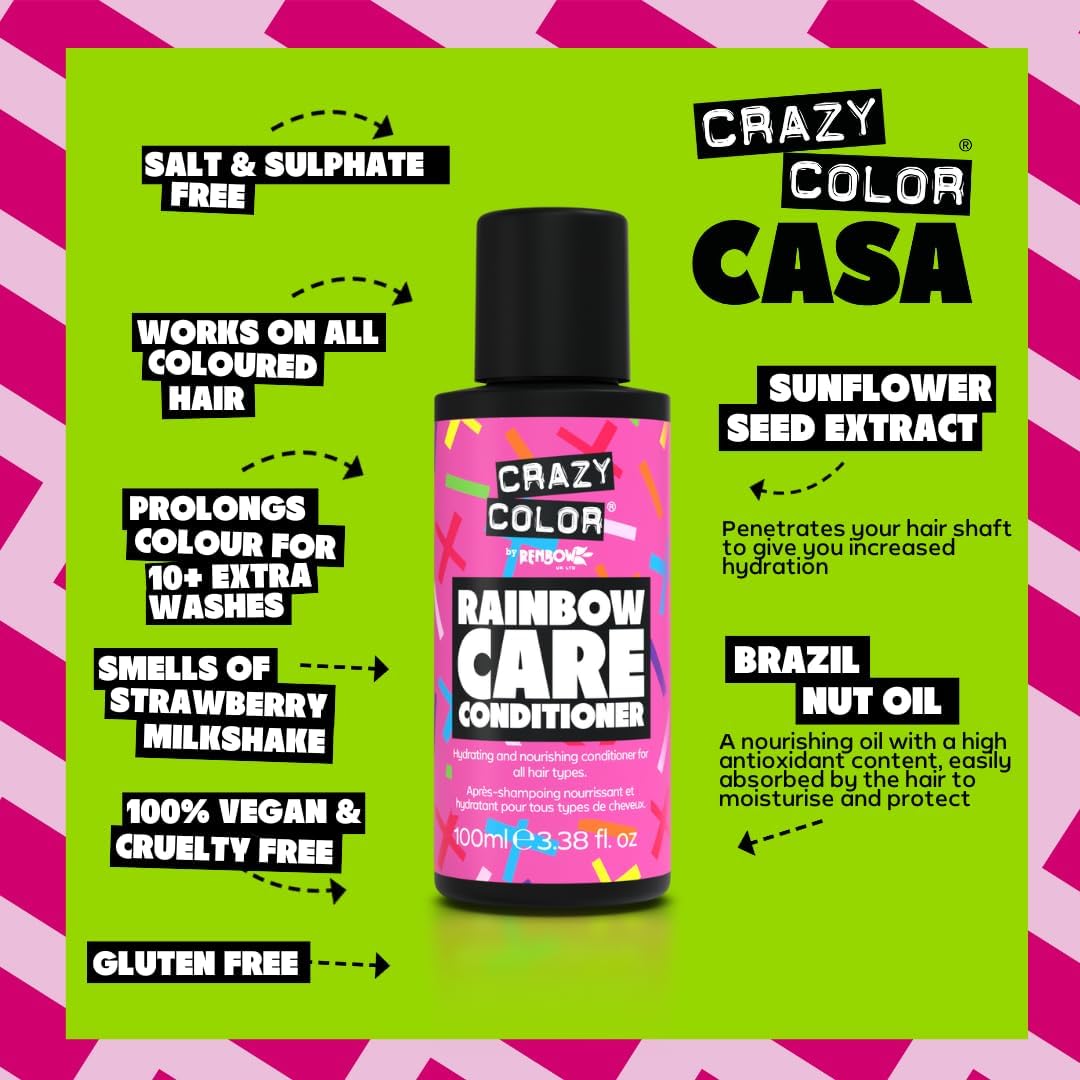 Crazy Color Haircare Travel Kit | 3 X 100Ml Essentials For Coloured Hair Vibrancy | Extend Shampoo, Rainbow Conditioner & Anti-Bleed Spray | Vegan