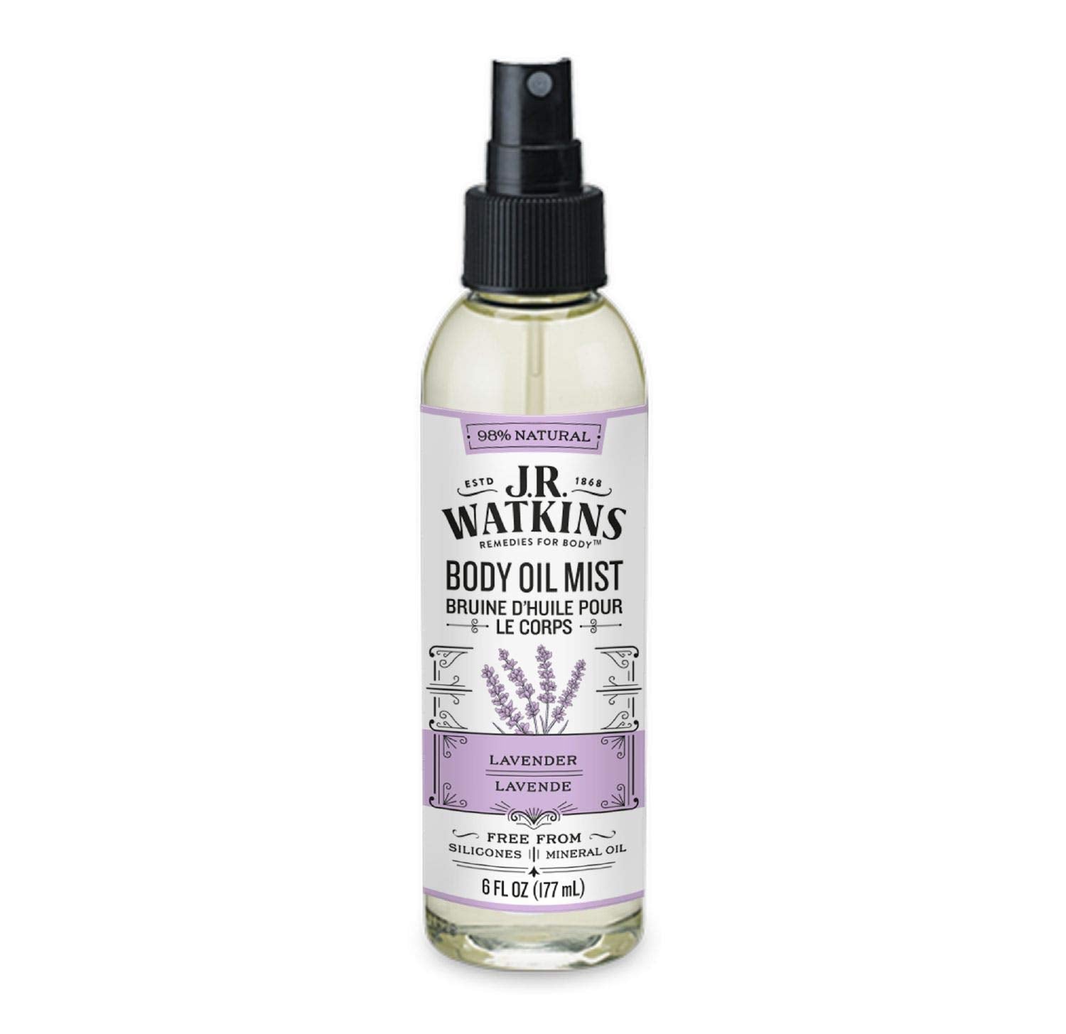 J.R. Watkins Natural Hydrating Body Oil Mist, Moisturizing Body Oil Spray For Glowing Skin, Usa Made And Cruelty-Free, Lavender, 6 Fl Oz, Single