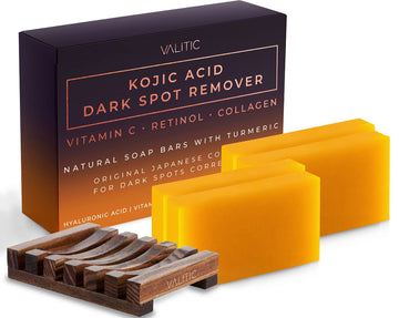 Valitic Kojic Acid Dark Spot Remover Soap Bar With Vitamin C, Retinol, Collagen, Turmeric - Original Japanese Complex - Hyaluronic Acid, Vitamin E, Shea Butter, Castile Oil ( 4 Pack ) With Soap Holder