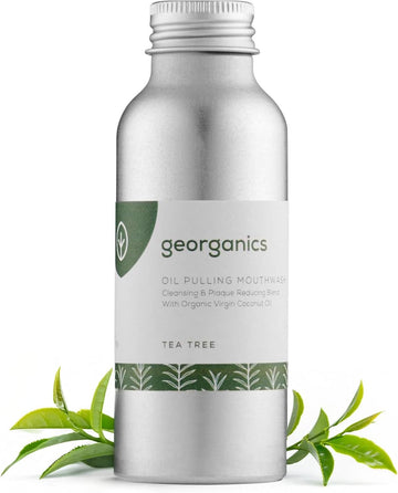 Georganics Whitening Oil Pulling Mouthwash - Tea Tree Flavoured - Plaque-Reducing Coconut Oil Blend - 100% Natural Ingredients - Sls, Glycerine & Fluoride Free - Organic, Vegan, Cruelty-Free - 100Ml
