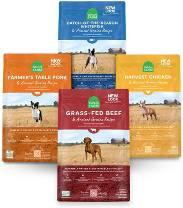 Open Farm Ancient Grain Dry Dog Food Bundle With Catch-Of-The-Season Whitefish, Farmer'S Table Pork, Grass-Fed Beef And Harvest Chicken, 4 Pack
