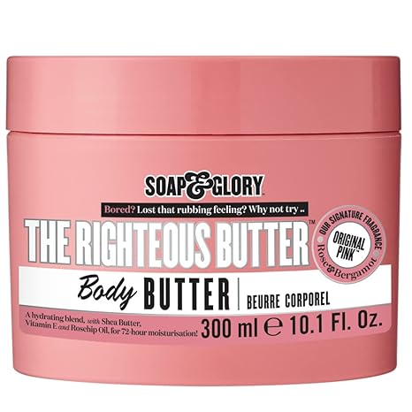 Soap & Glory The Righteous Butter Moisturizing Body Butter - Skin Hydration Body Moisturizer with Vitamin E, Rosehip Seed Oil & Shea Butter - Rich Body Cream for Soft & Smooth Skin (300ml)