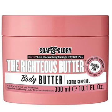 Soap & Glory The Righteous Butter Moisturizing Body Butter - Skin Hydration Body Moisturizer with Vitamin E, Rosehip Seed Oil & Shea Butter - Rich Body Cream for Soft & Smooth Skin (300ml)