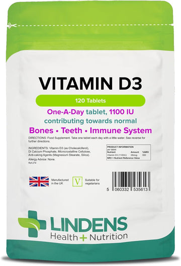 Lindens Vitamin D3 1100Iu - 360 Tablets - Immune System, Bones, Teeth, Uk Manufacturer Immune Support | (4 Months Supply) | Suitable For Vegetarians | Letterbox Friendly