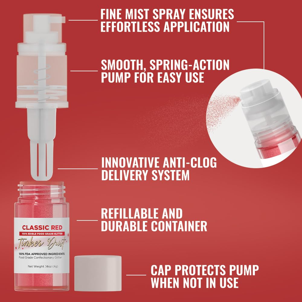 Bakell - Classic Red Tinker Dust (4G, 1X Mini Spray Pump) Edible Glitter For Food, Desserts, And Beverages! : Grocery & Gourmet Food