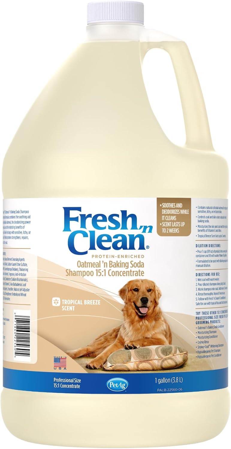 Pet-Ag Fresh ’N Clean Oatmeal ’N Baking Soda Shampoo - Tropical Fresh Scent (15:1 Concentrate) - 1 Gallon - Nurtures Dry, Itchy Skin With Vitamin E & Aloe - Strengthens & Repairs - Soap Free