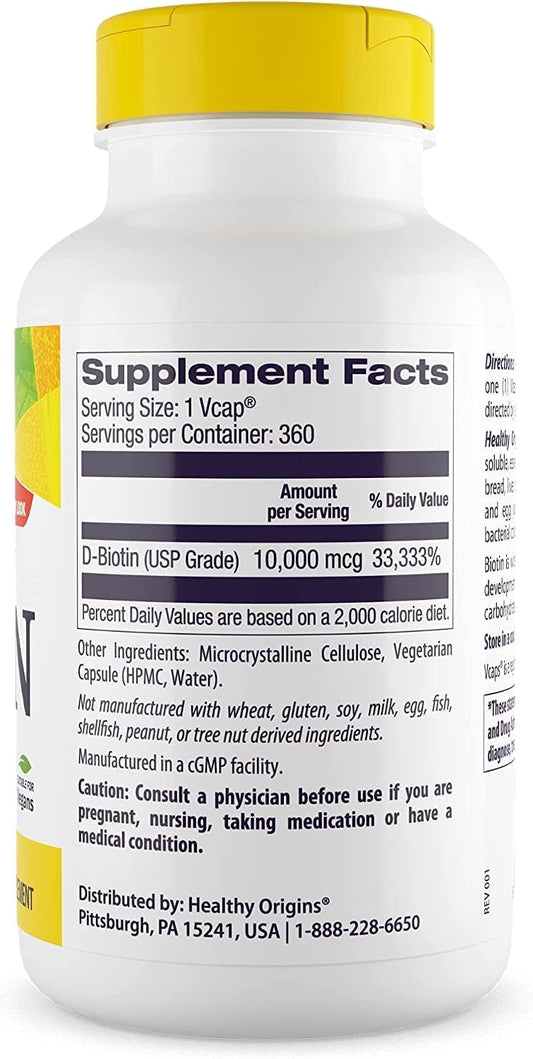 Healthy Origins Ultra-Potency Biotin (B7), 10,000 mcg - Supports Skin, Hair & Nails - High-Grade Vitamin B7 - Non-GMO, Gluten-Free Biotin for Vegans - 360 Veggie Capsules